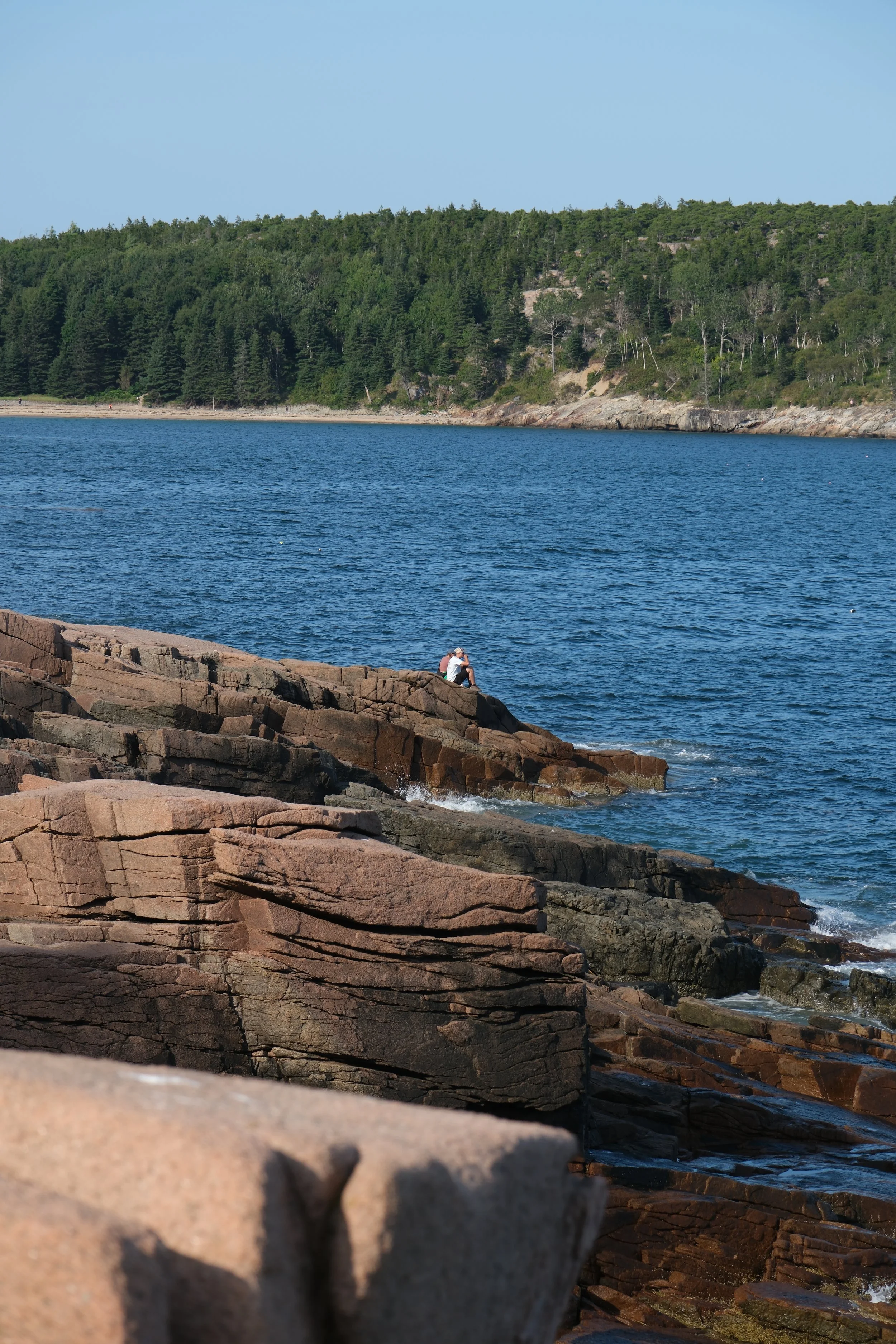 A person sitting on large rocks by the water, with a forested shoreline and blue sky in the background.
