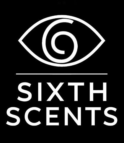 A black background with a white spiral eye graphic and the text 'SIXTH SCENTS' beneath it.