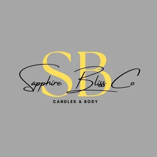 Logo for Sapphire Bliss Co. featuring large yellow initials 'SB' and the words 'Sapphire Bliss Co.' in black cursive, with 'CANDLES & BODY' underneath on a gray background.