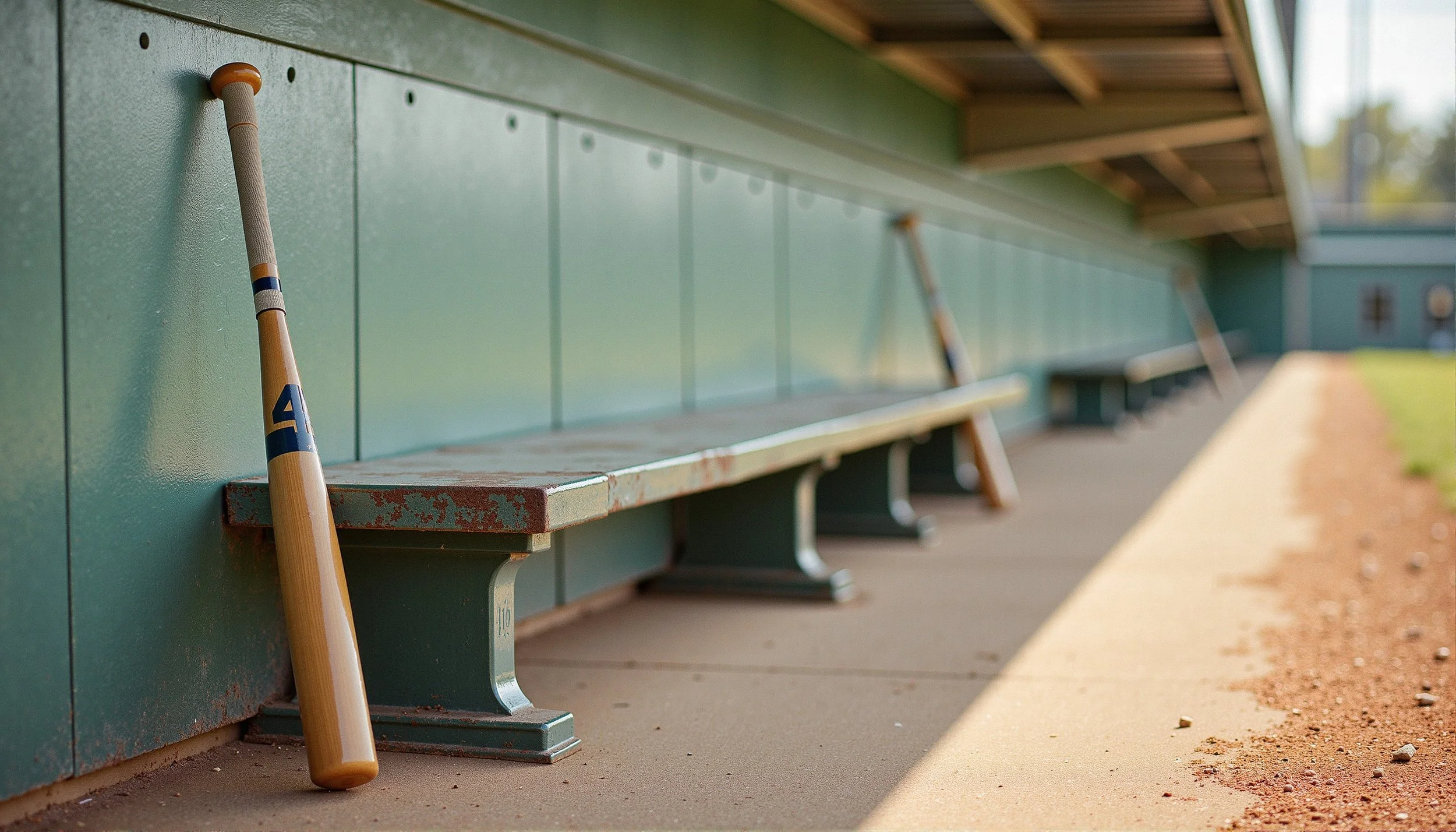A baseball bat leaning against a green wooden bench at a baseball field, with more benches visible in the background and a dirt path beside the field.
