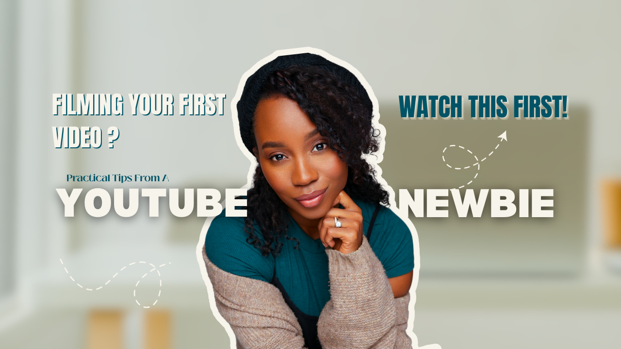 Thumbnail with a woman in a teal shirt and beige cardigan, promoting YouTube video creation tips for beginners, with text saying "Filming your first video?" and "Watch this first!"