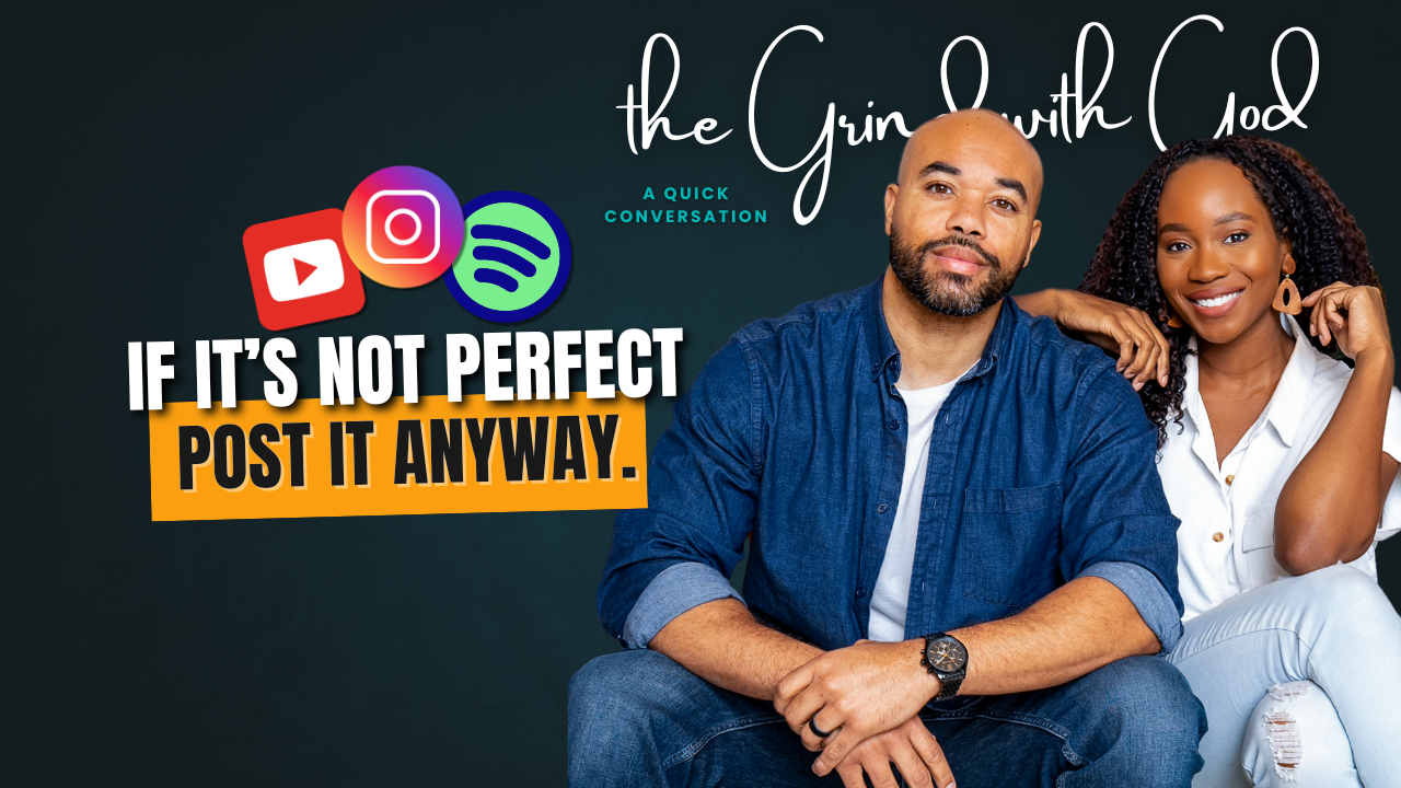 Two smiling people, a man and a woman, sitting close together against a dark background. The woman has curly hair and is wearing a white shirt, and the man is wearing a blue denim shirt. There are logos for YouTube, Instagram, and Spotify, along with