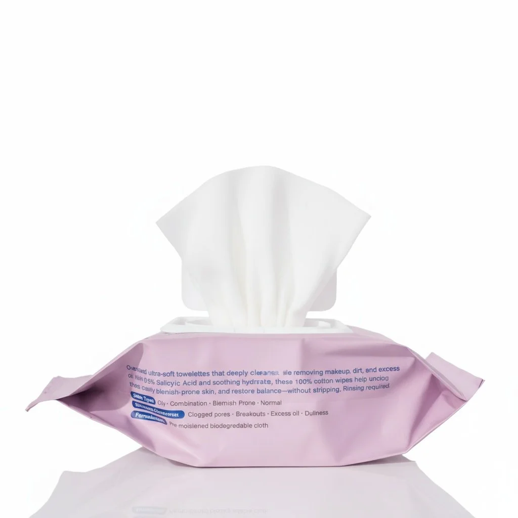 A package of facial cleansing wipes with one wipe partially pulled out, showing a white, soft cloth inside.