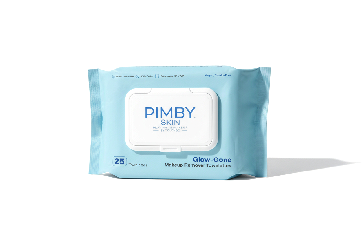 Blue package of PIMBY SKIN Glow-Gone makeup remover towelettes with a white lid.