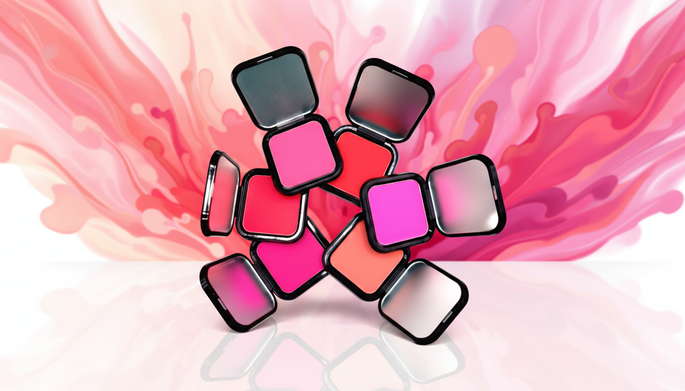 Multiple colorful makeup blush compacts with open lids, arranged on a pink abstract background.