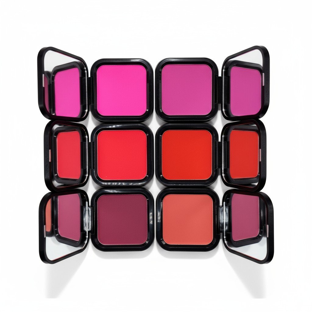 A colorful makeup palette with 12 shades of blush and eyeshadow in square black cases with mirrors.