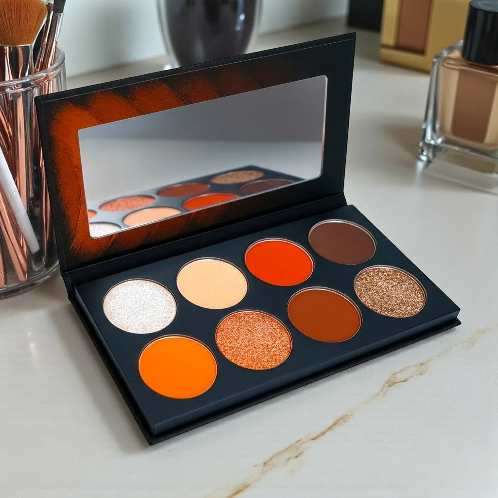 An open eyeshadow palette with nine orange and neutral shades, featuring a built-in mirror, on a white surface with a glass container of makeup brushes and bottles in the background.