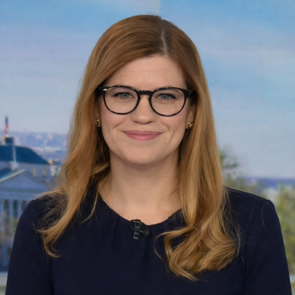 A smiling woman with red hair, glasses, and gold earrings, wearing a dark blouse, standing in front of a blue sky backdrop with buildings in the distance.