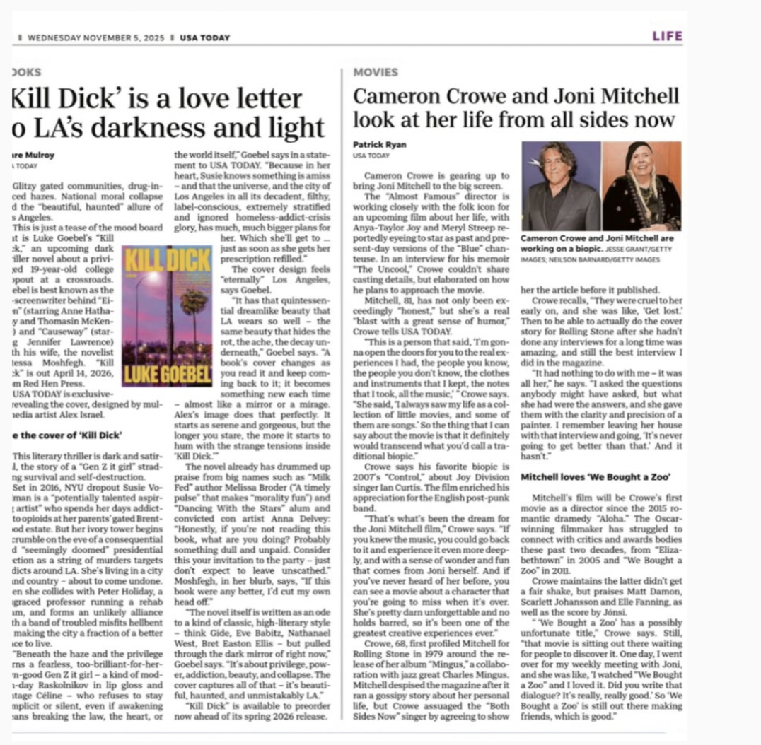 Newspaper page with articles about books and movies, including a review of 'Kill Dick' and a feature on Cameron Crowe and Joni Mitchell.