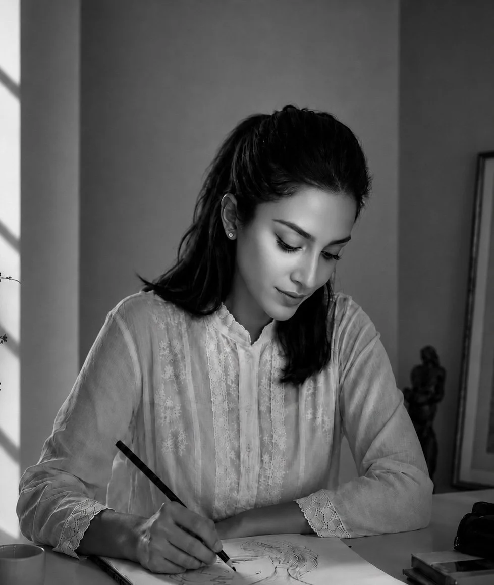 A woman with dark hair, wearing a light-colored blouse, is drawing or sketching at a table, with a focused and serene expression.