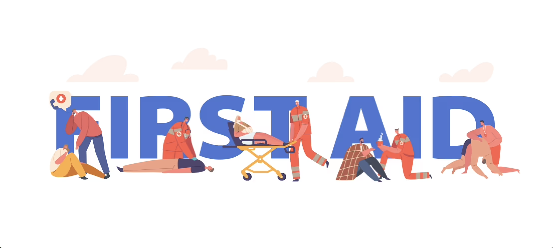 Illustration with the word 'FIRST AID' and medical personnel helping injured patients, some sitting, some lying down, some on stretchers, with a dog, and a medical call symbol.