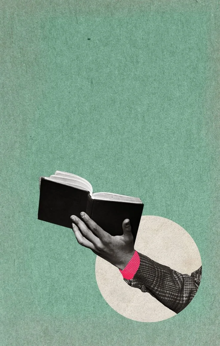 A black and white illustration of a hand holding an open book against a green textured background with a beige circle behind the hand.