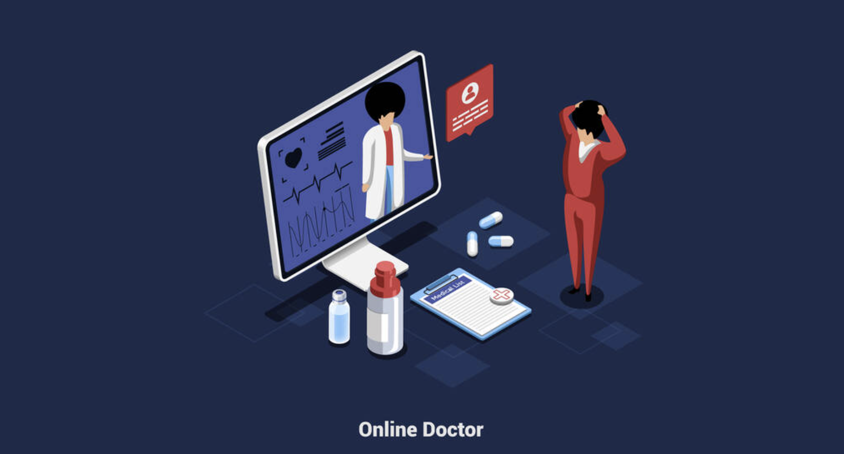Digital illustration of a person consulting an online doctor on a computer screen, with medical items like pills, bottles, a prescription clipboard, and a heart monitor in the foreground. The caption reads 'Online Doctor'.