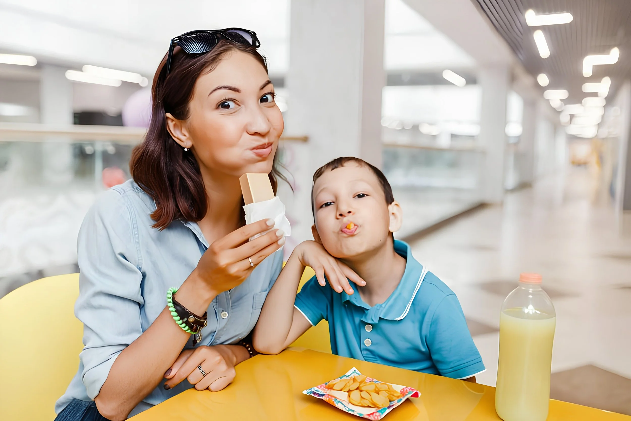 Mother and son eating snacks