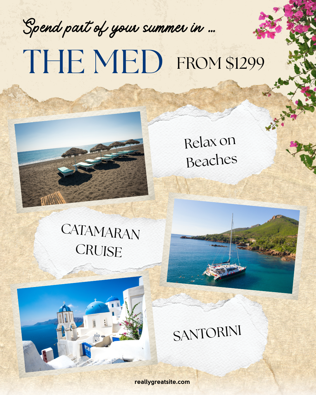 A promotional travel poster with a beige textured background, pink flowers in the top right corner, and torn paper-style notes with black text advertising summer vacations to the Mediterranean including beaches, a catamaran cruise, and Santorini. The