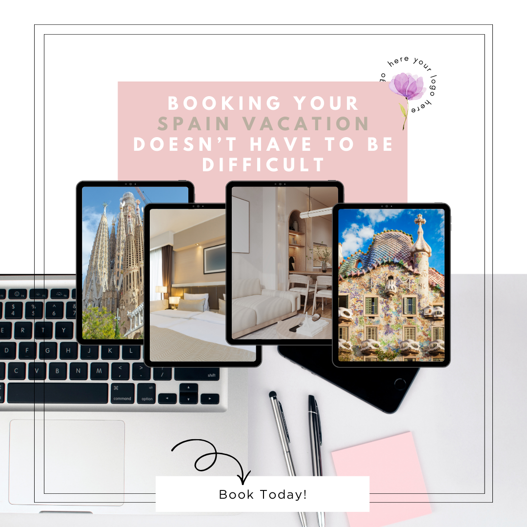 A laptop, three smartphones showing different rooms and landmarks, two pens, and a pink sticky note on a white desk. Text overlay says, 'Booking your Spain vacation doesn’t have to be difficult.'