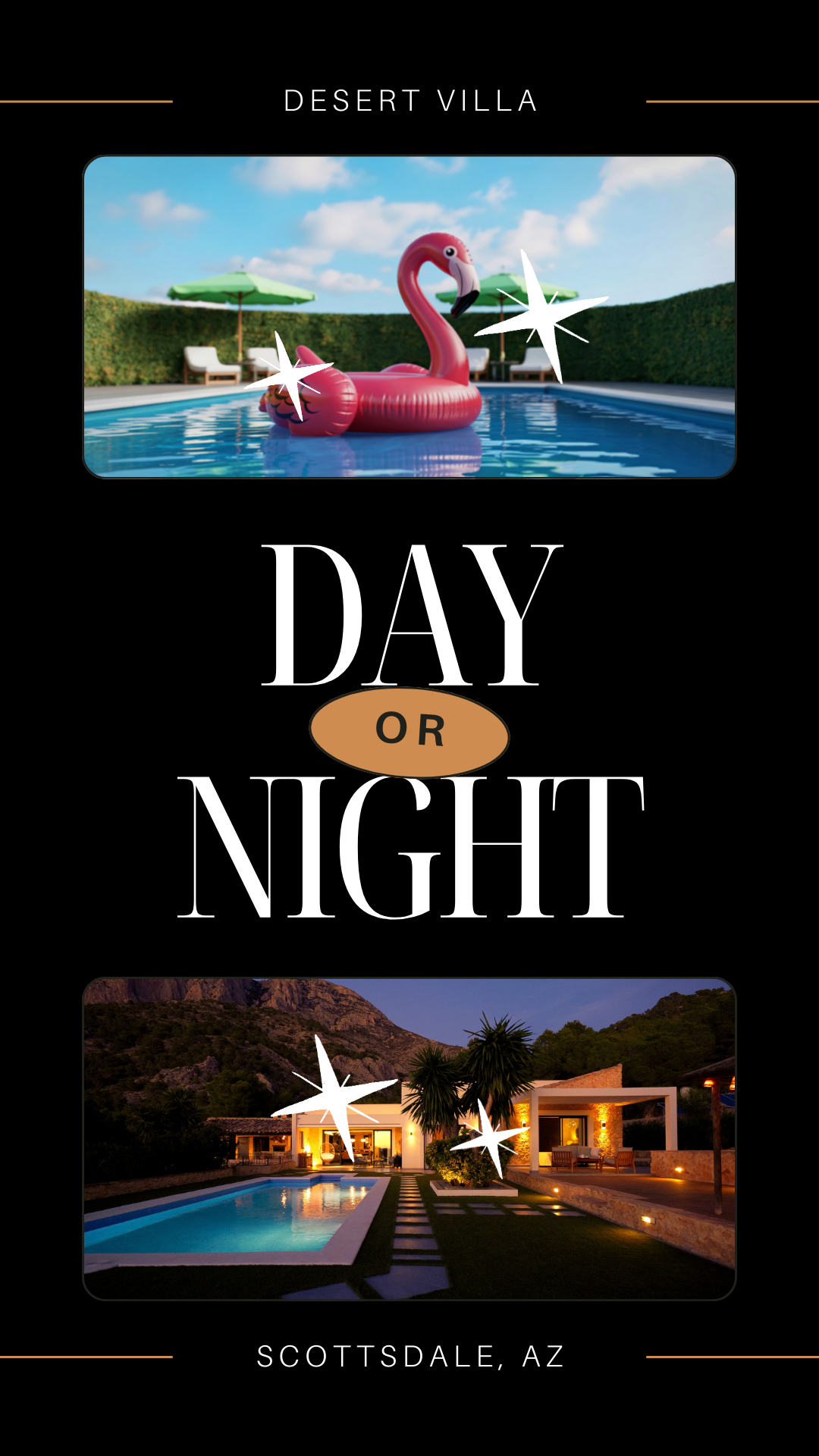 A promotional image for Desert Villa, featuring a pool with an inflatable flamingo float, surrounded by lounge chairs and green umbrellas under a blue sky. The desert-style villa is shown at night with outdoor lighting, palm trees, and mountains in t