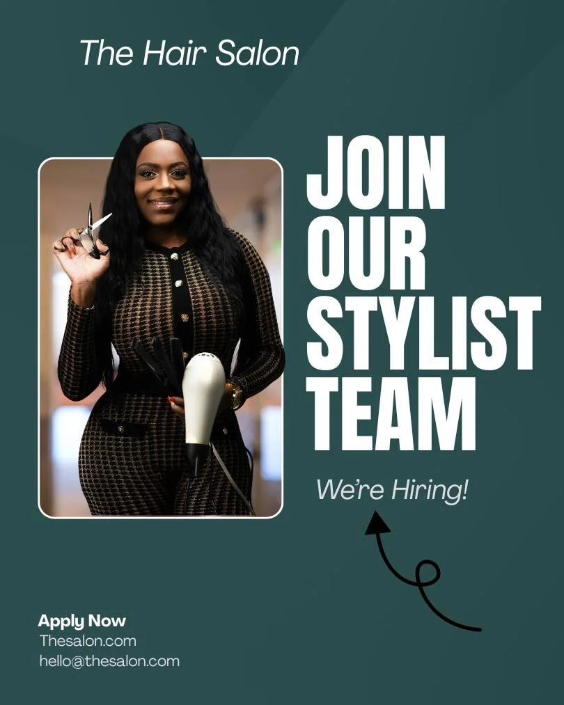 A woman at a hair salon holding a pair of scissors, standing next to hair styling tools including a blow dryer and hairbrushes. The salon advertisement invites stylists to join the team and is hiring.