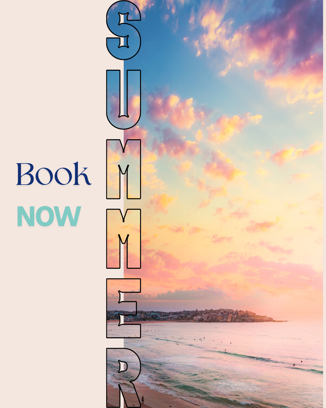 A sunset over the ocean with pink and orange clouds and a cityscape in the distance. Overlaid text reads "Sell Your Book Now" with the words "Book" in blue and "NOW" in light blue. The phrase "Sell Your" is written vertically in large outlined letter