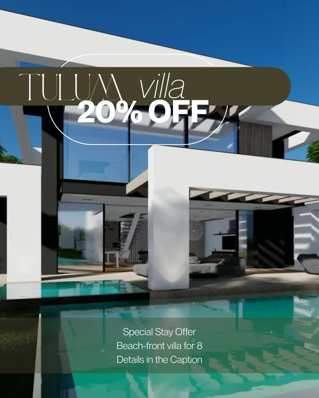 Modern beach-front villa with large glass windows, outdoor pool, and contemporary architecture, advertising a 20% discount for a stay of 8 nights.