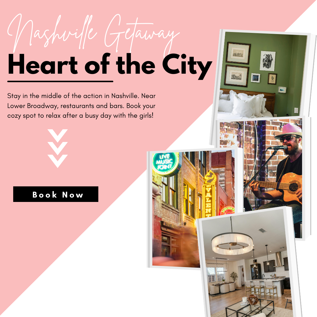 Flyer for Nashville getaway featuring interior decor, live music, and a modern kitchen
