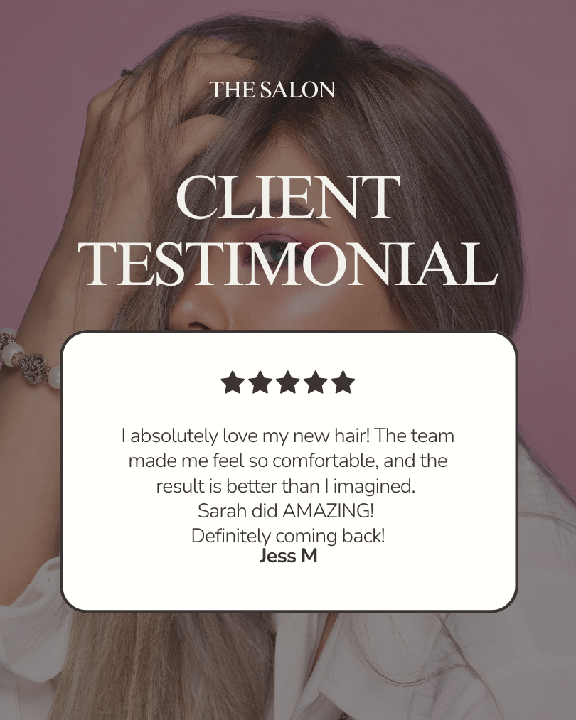 A woman with long hair touching her head, advertising a salon client testimonial with a five-star review and positive feedback about her new haircut.