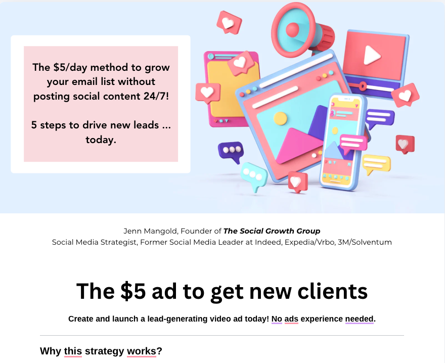 Colorful digital marketing illustration with a large monitor, smartphone, and social media icons, highlighting social media engagement for growing email lists through a $5 per day ad strategy.