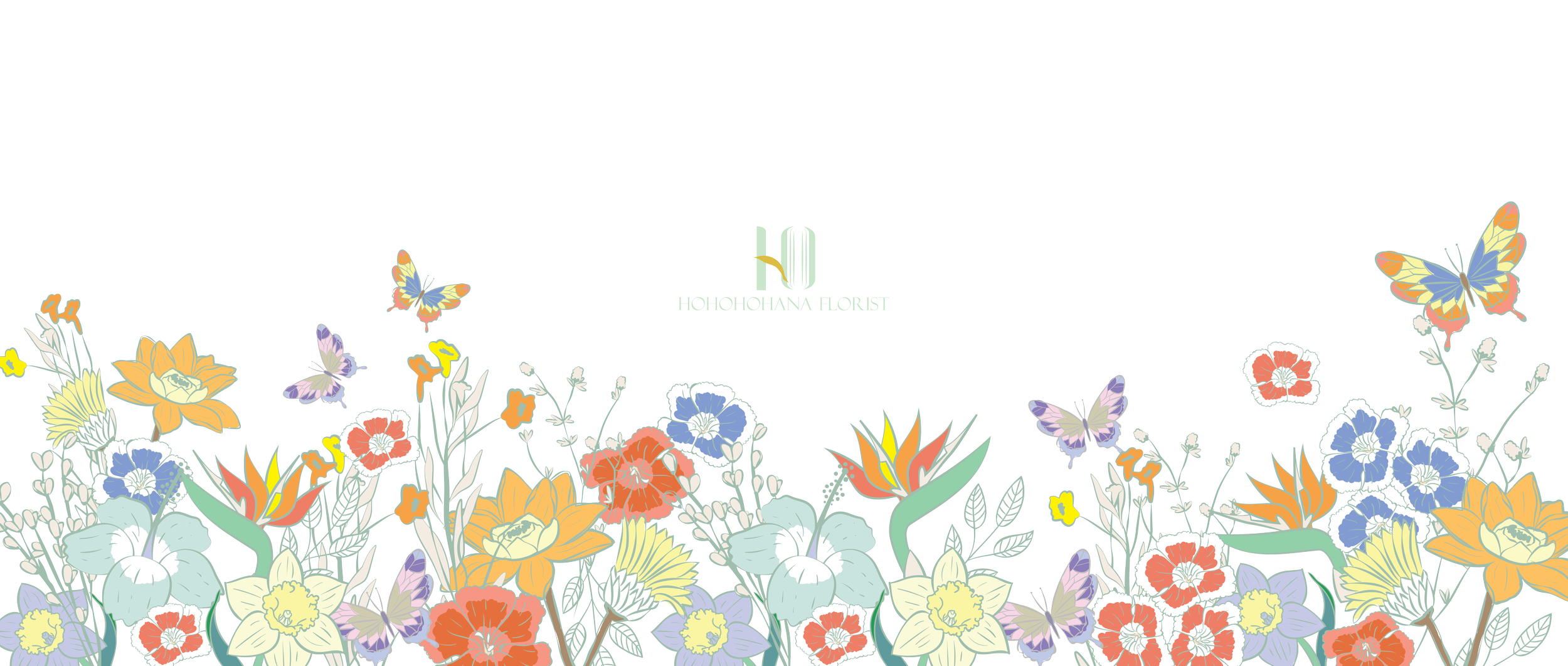 Colorful floral illustration with various flowers and butterflies in pastel shades, featuring a white background and a logo with greenery and text reading 'Hohohama Florist' at the center.