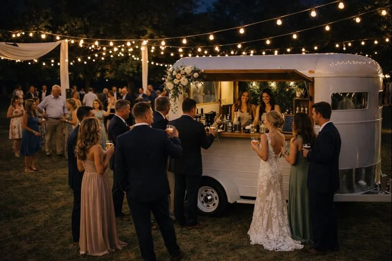 Guests at an outdoor wedding reception gather around a vintage food truck serving drinks, with string lights and decorated canopy overhead during evening.