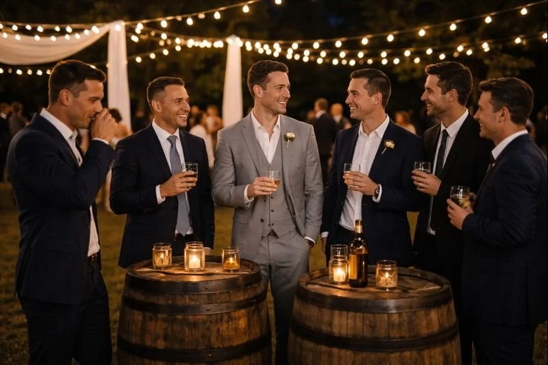 Men in suits gathered around two wooden barrels with drinks, celebrating at an outdoor evening event with string lights.
