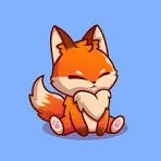 Cute cartoon fox sitting with paws crossed, smiling with closed eyes, on a blue background.