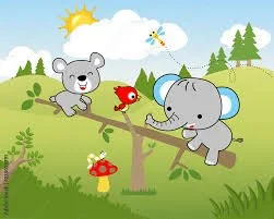 A cartoon scene with a gray bear, a red bird, and a gray elephant sitting on a tree branch in a grassy outdoor setting with a sun, clouds, a butterfly, trees, and a mushroom.