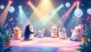 Cute plush animal toys, including bears, penguins, and rabbits, arranged as if performing on a stage with colorful spotlights, music notes, and a starry background.