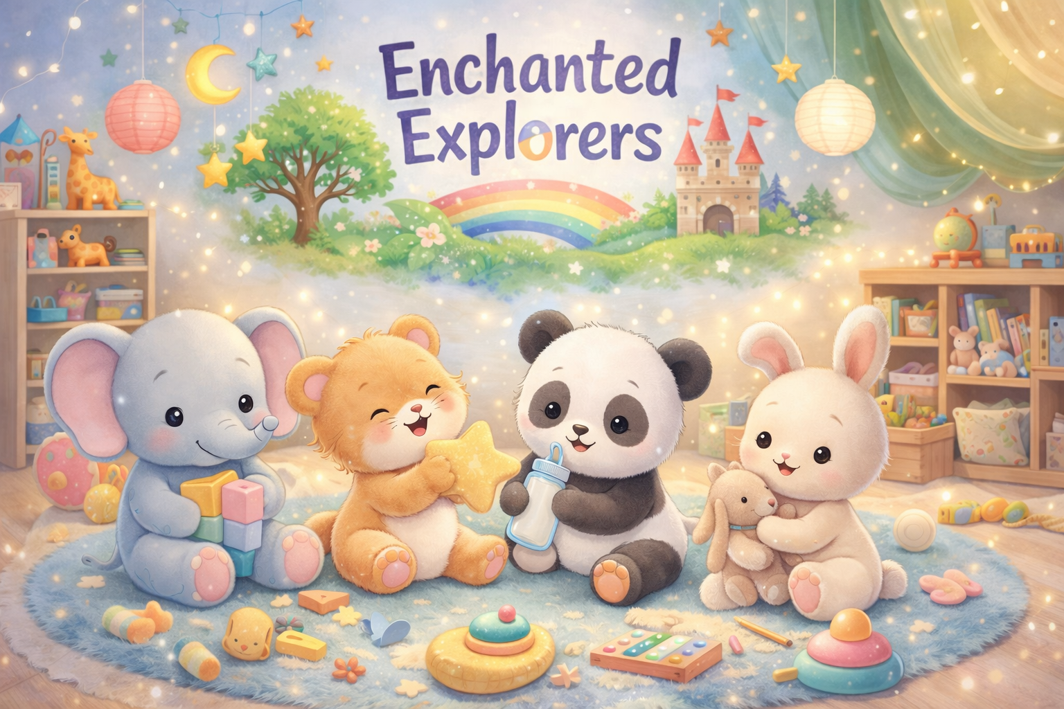Cute plush toys of an elephant, lion, panda, and rabbit sitting on a blue rug in a playroom decorated with fairy lights, toys, and a colorful backdrop with a rainbow and castle, logo reading 'Enchanted Explorers'.