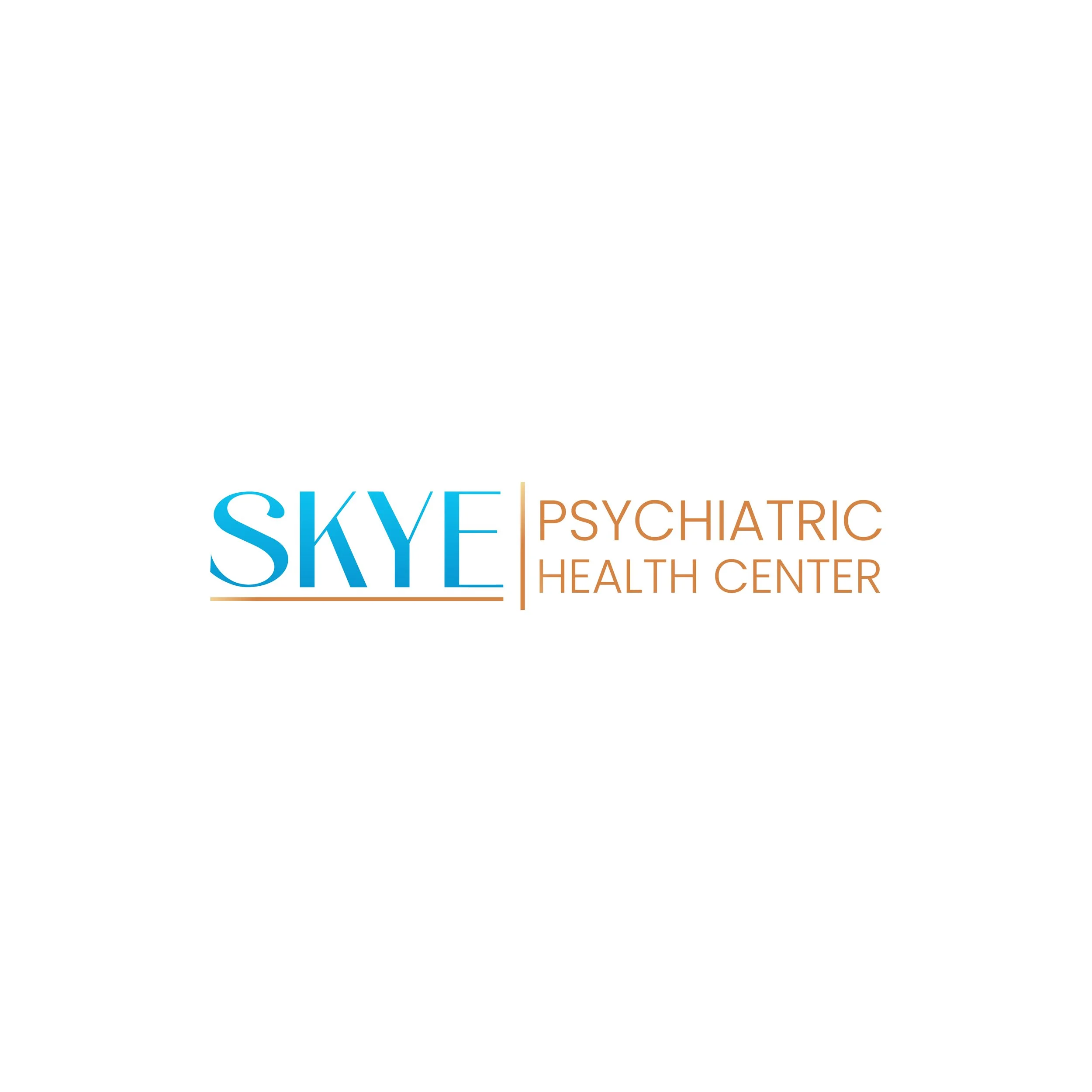 Skye Psychiatric Health Center logo with text in blue and brown, featuring a line underneath 'SKYE' and a vertical line separating 'SKYE' from 'Psychiatric Health Center'.
