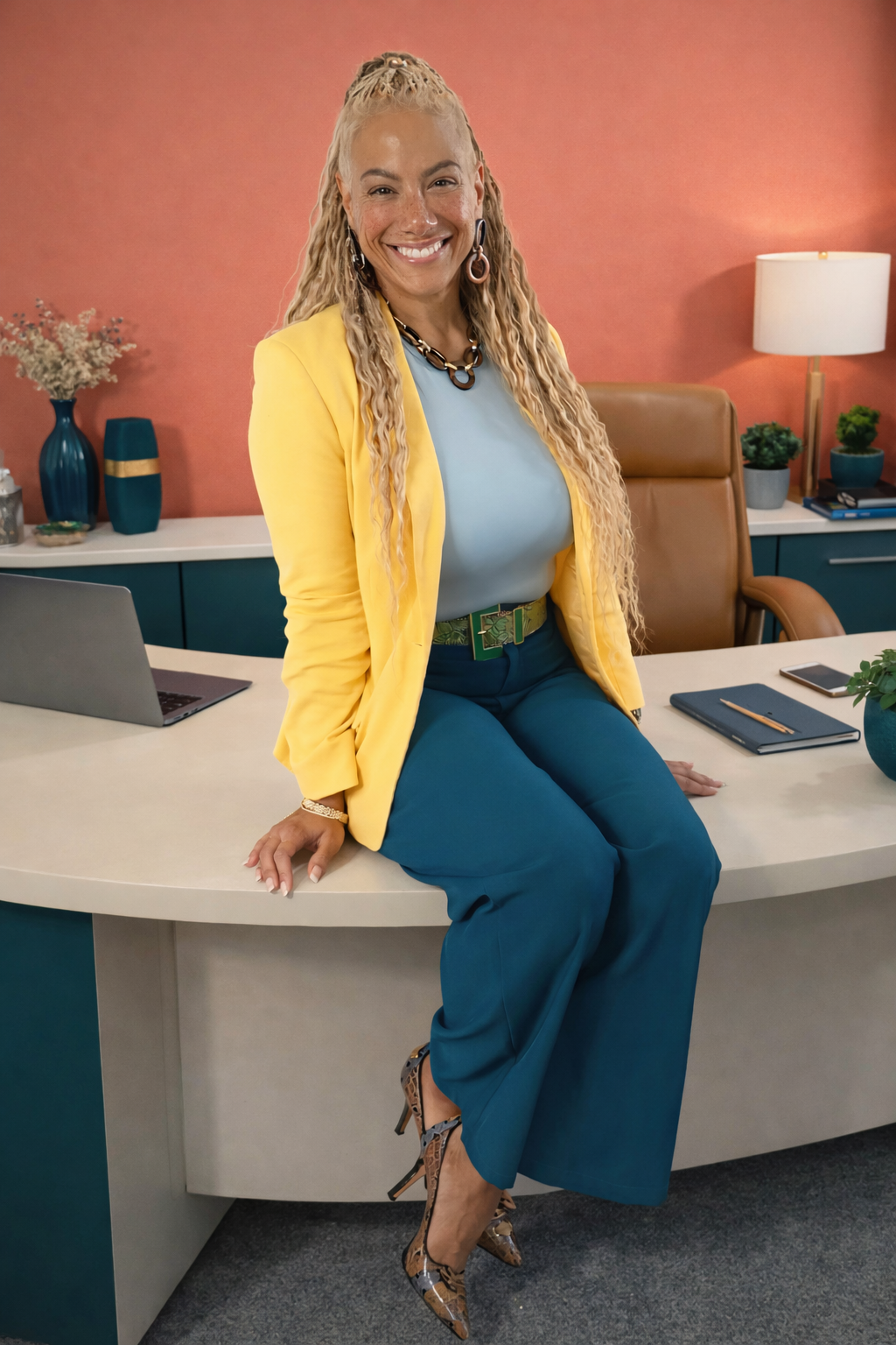 A woman with long, curly blond hair, sitting on a desk in an office, wearing a yellow blazer, light blue top, teal pants, and snakeskin high heels. She is smiling, with jewelry and a colorful belt, and the office has a warm background with decor and plants.