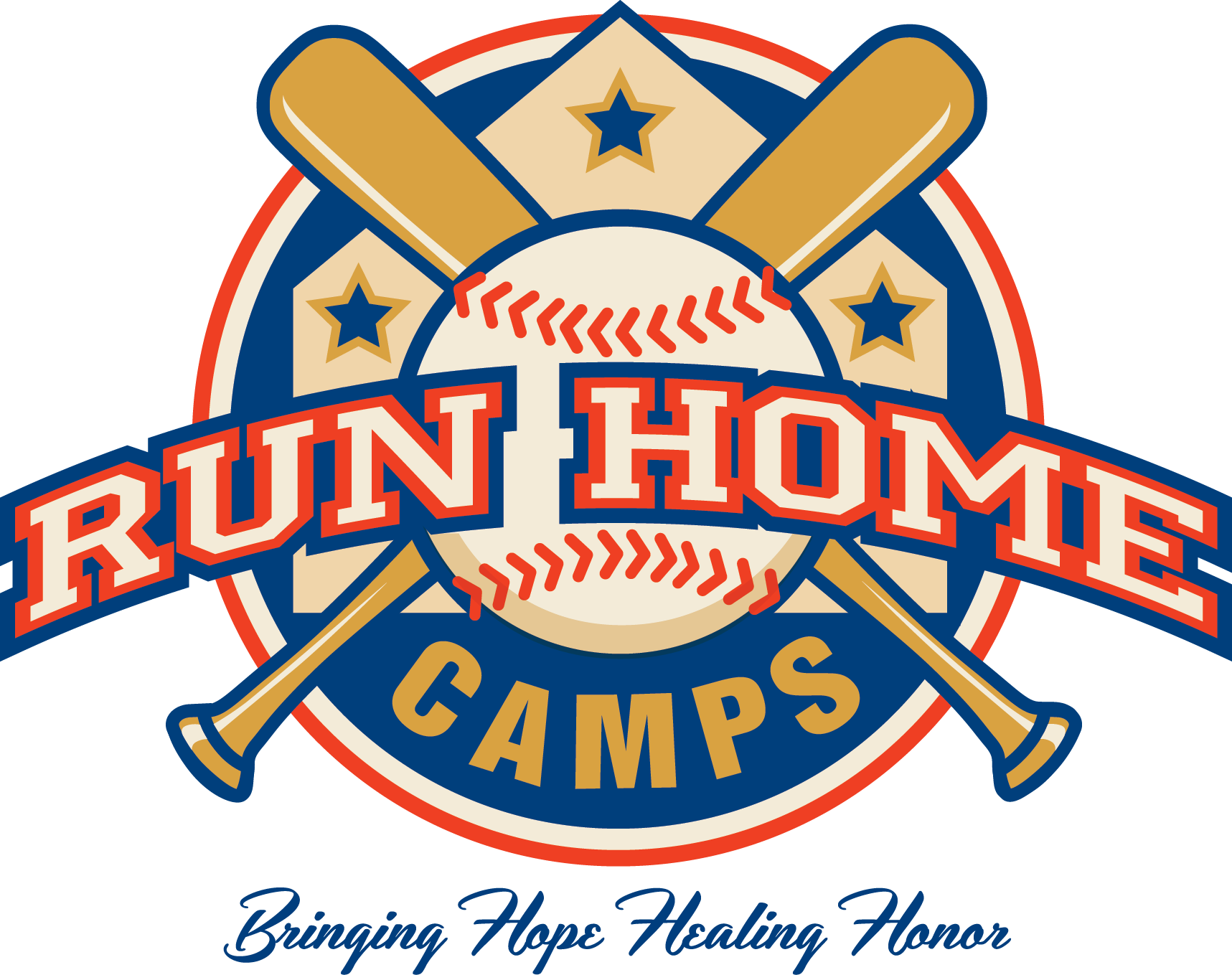 logo for 'Run Home Camps' featuring a baseball with red stitching, crossed baseball bats, and stars, with the tagline 'Bringing Hope Healing Honor' below.