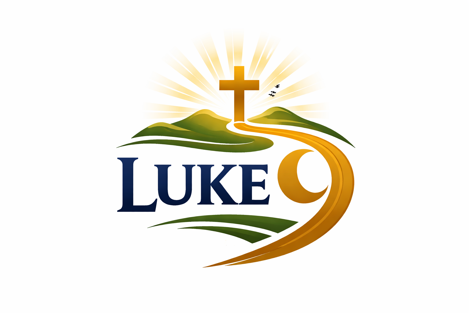 Logo with the word 'LUKE' beneath a cross, hills, a winding path, a crescent moon, and a radiant background.
