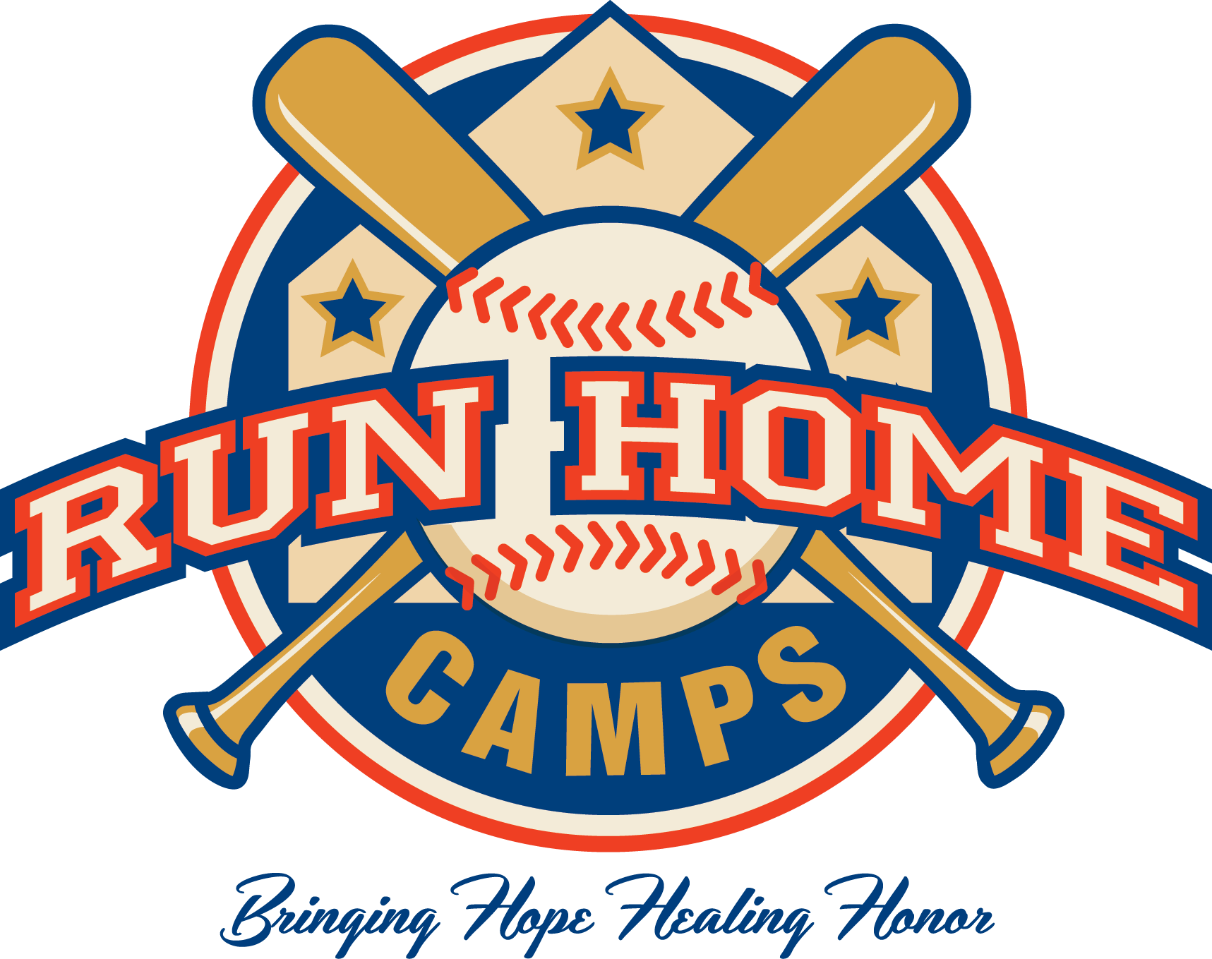 Logo for Run Home Camps featuring a baseball with two crossed bats behind it, stars, and the text "Run Home" across the baseball. The slogan "Bringing Hope Healing Honor" is at the bottom.