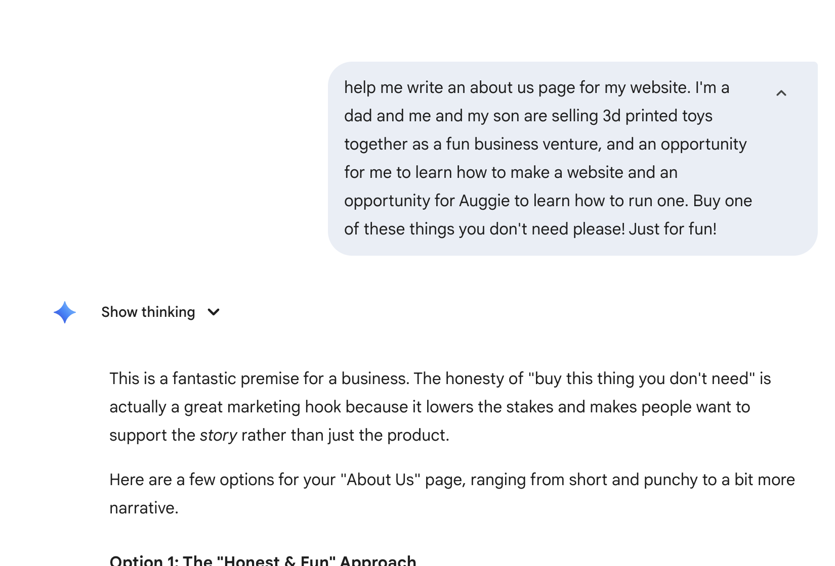 Screenshot of a website's 'About Us' page discussing selling 3D printed toys as a business venture, with suggestions for different about us page options.