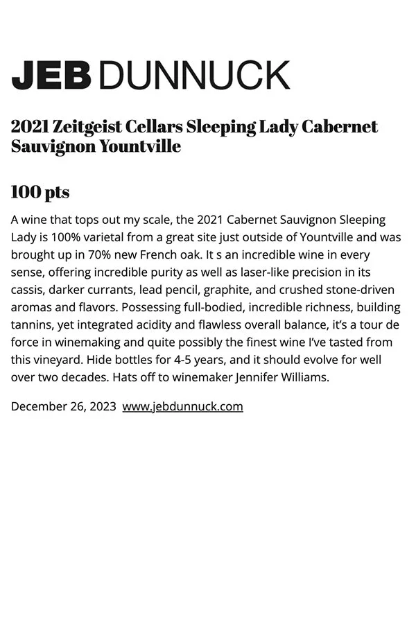 Text description of a wine review on a white background, titled 'JEB DUNNUCK' and '2021 Zeitgeist Cellars Sleeping Lady Cabernet Sauvignon Yountville', praising the wine's qualities, with a date of December 26, 2023 and a website link at the bottom.