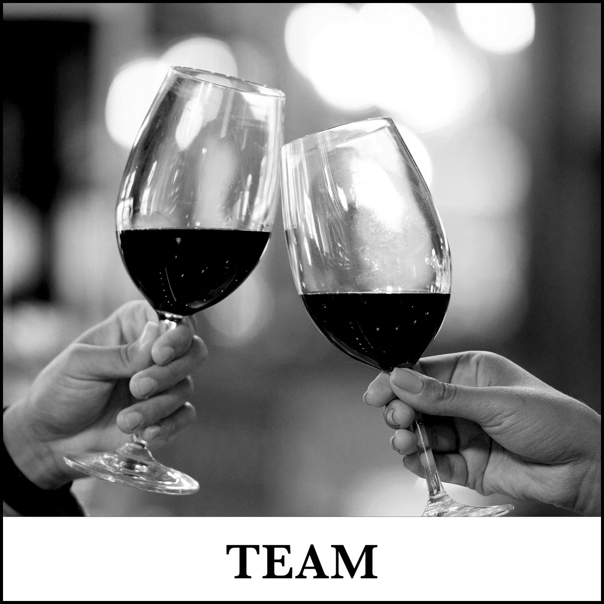 Two hands holding wine glasses filled with red wine, clinking together in celebration, with the word 'TEAM' written below in bold letters.
