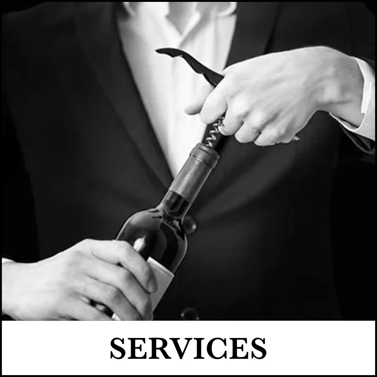 A person dressed in a suit opening a wine bottle with a corkscrew, with the word SERVICE written below.