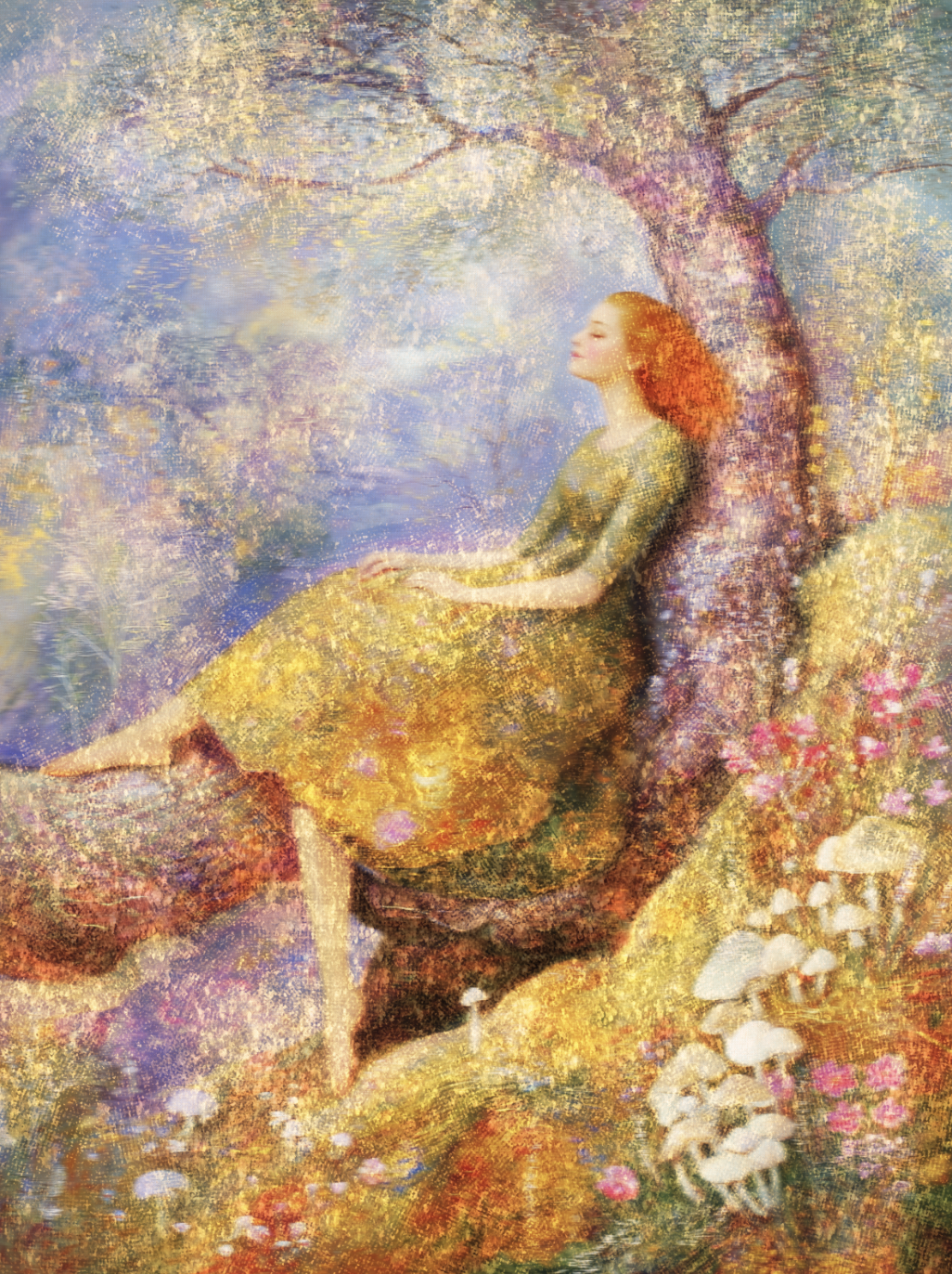 A woman with red hair sitting against a tree in a colorful, impressionistic landscape with flowers and mushrooms.