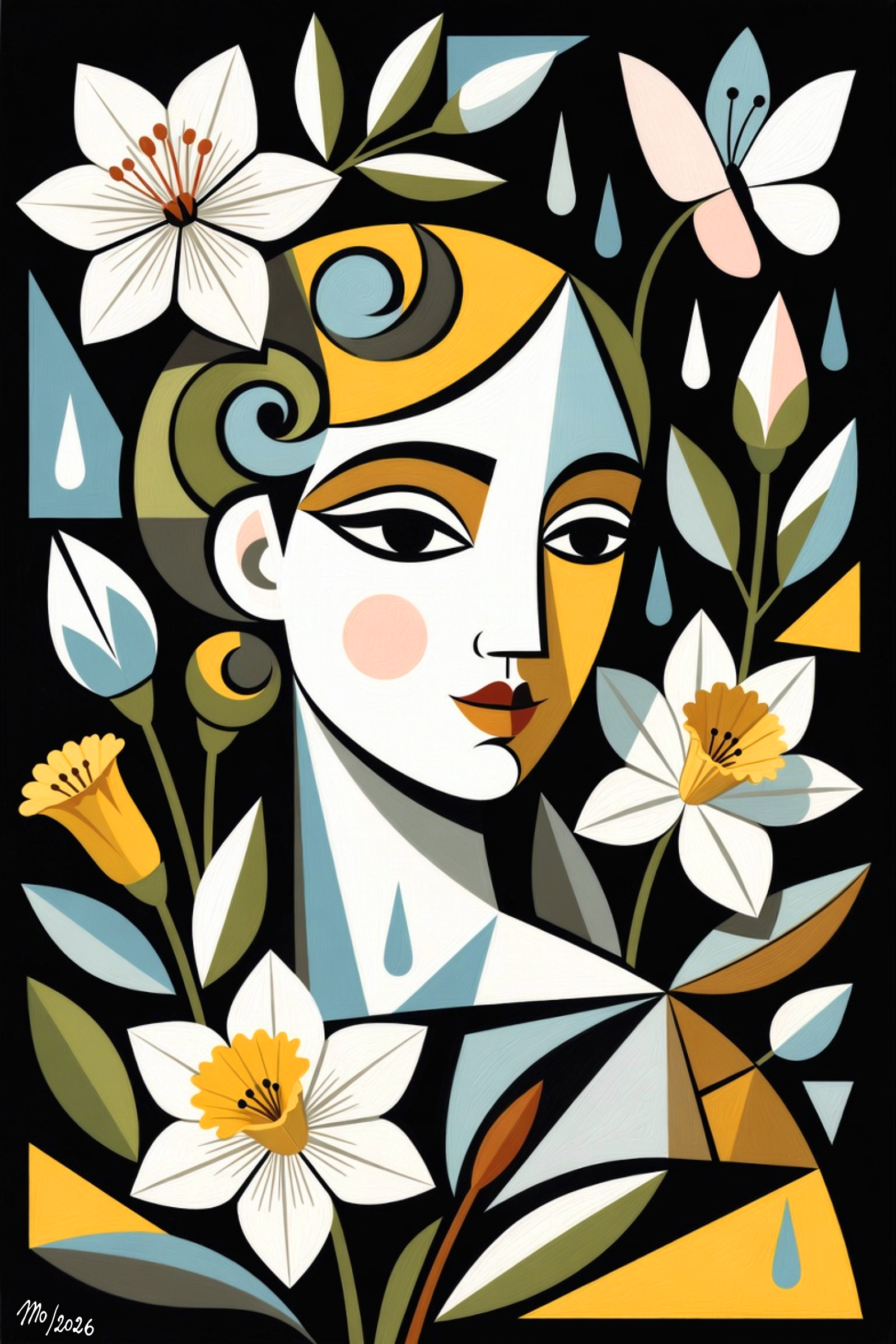 Stylized portrait of a woman with dark hair, blue and yellow facial features, surrounded by white and yellow flowers and leaves on a black background.