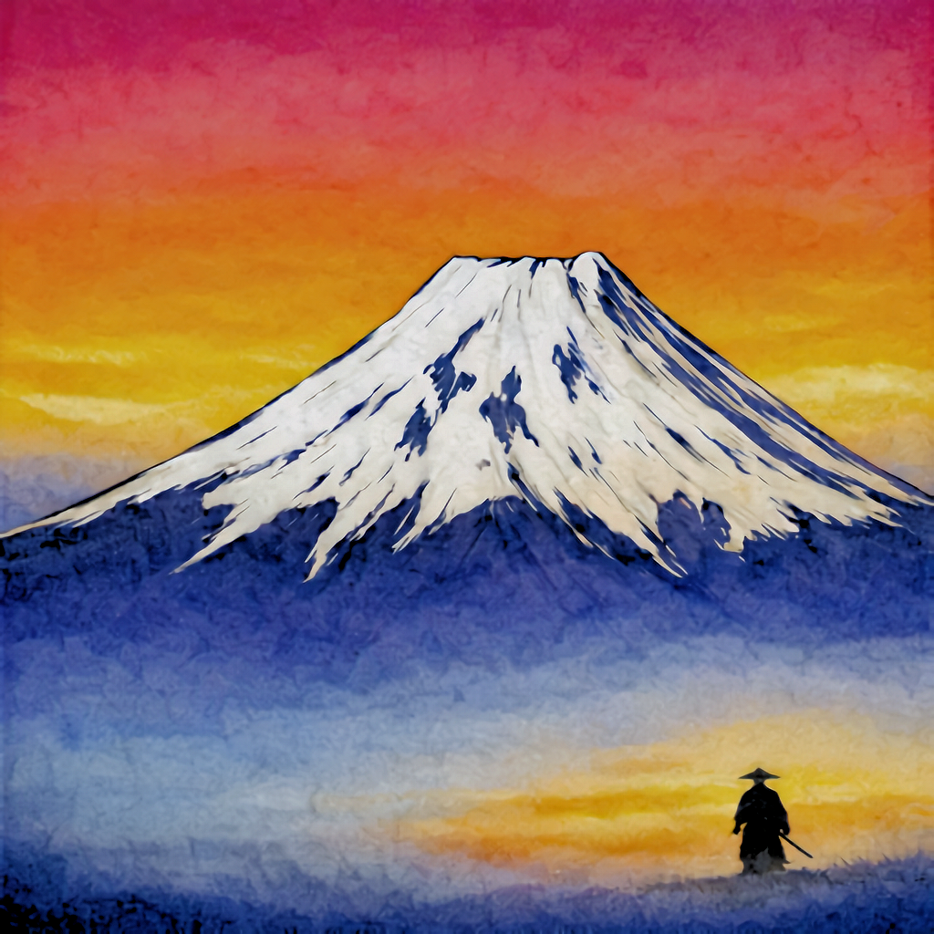 A painting of Mount Fuji with snow on top, set against a colorful sunset sky with shades of pink, orange, yellow, and blue. In the foreground, a lone samurai warrior with a wide-brimmed hat and traditional attire stands holding a sword.