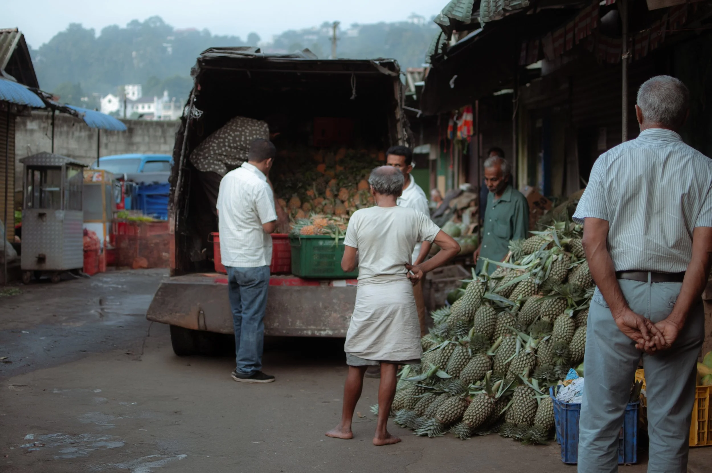 People shopping for pineapples at an outdoor market with a truck loaded with pineapples and a large pile of pineapples on the ground.