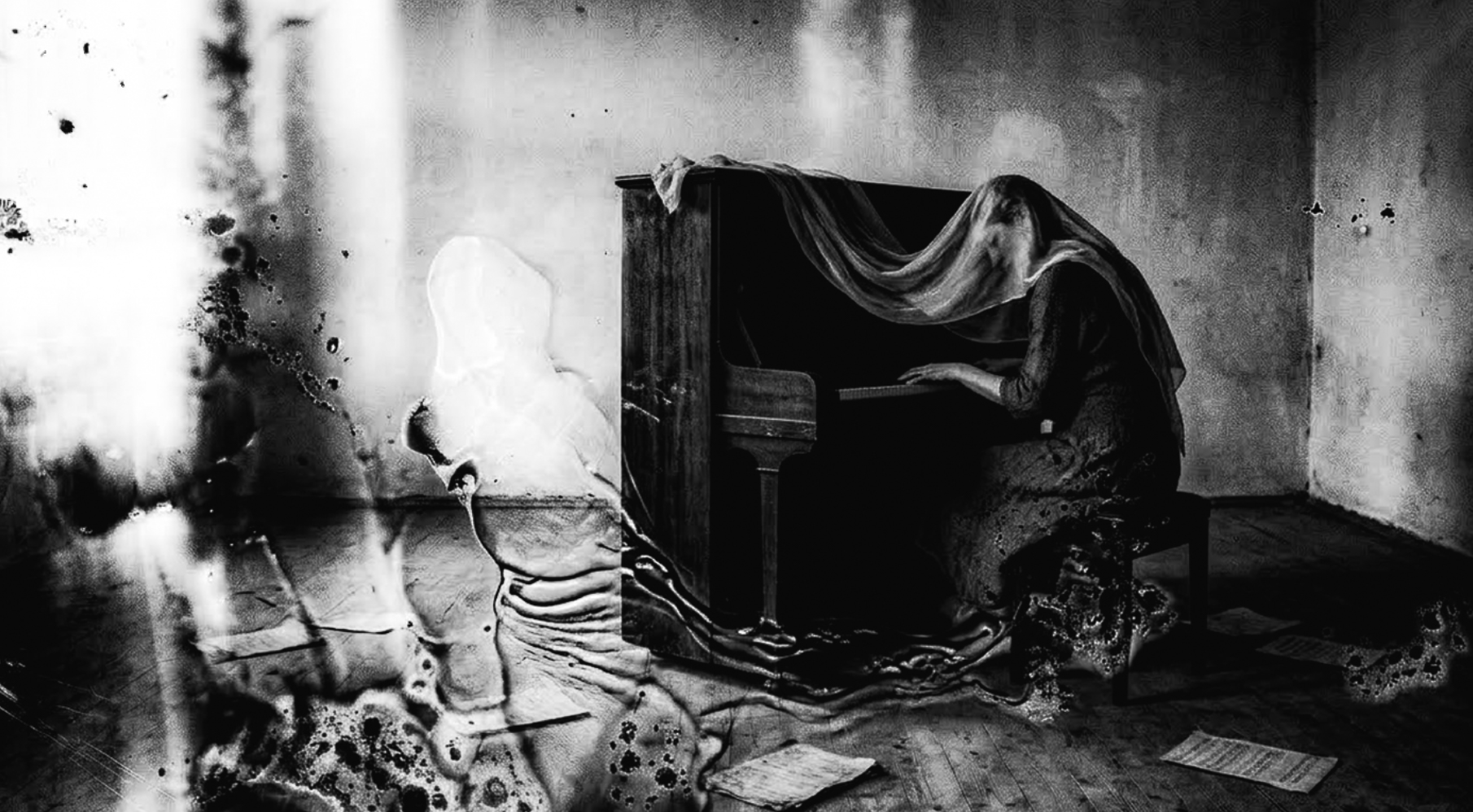 A woman in a long dress and veil playing a piano in a dimly lit, neglected room with stained walls and scattered papers on the floor.