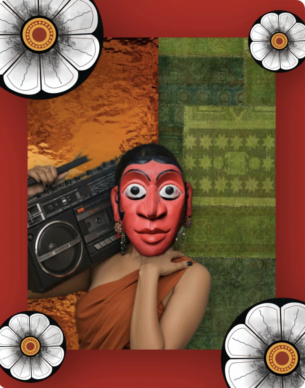 Person wearing a red mask with large eyes, earrings, and an orange dress, holding a boombox on their shoulder, with a colorful background and floral motifs in the border.