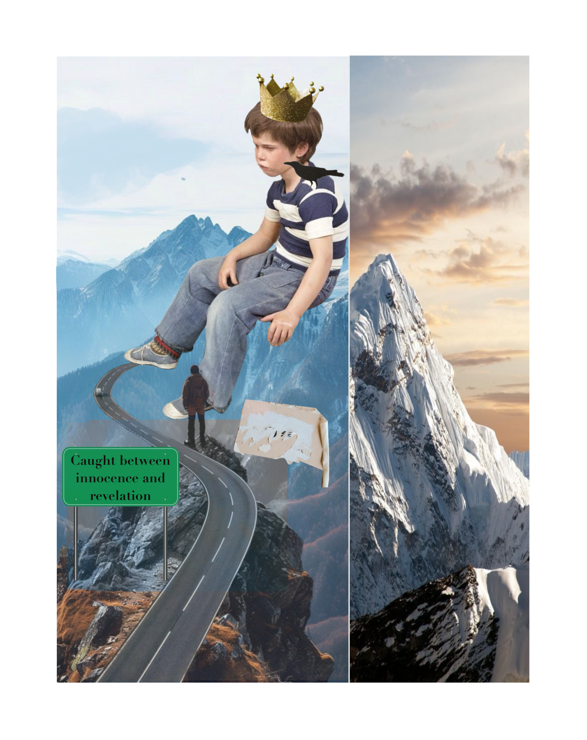 A digital collage featuring a boy with a crown and a raven on his shoulder, sitting on a mountain road with a mountainous landscape, including snow-capped peaks and scenic skies, with a green sign that says "Caught between innocence and revelation."